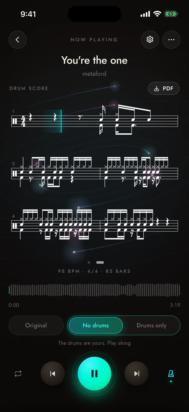 DrumJam playing a song with its drum score on screen, the bar playing marked, a PDF key above it.