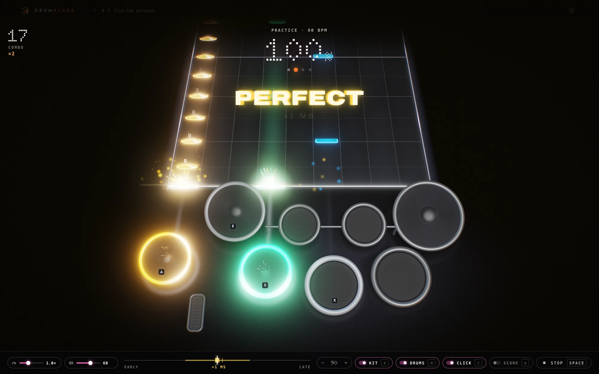 DrumKlass: a lesson practised on its 3D kit, every hit judged.